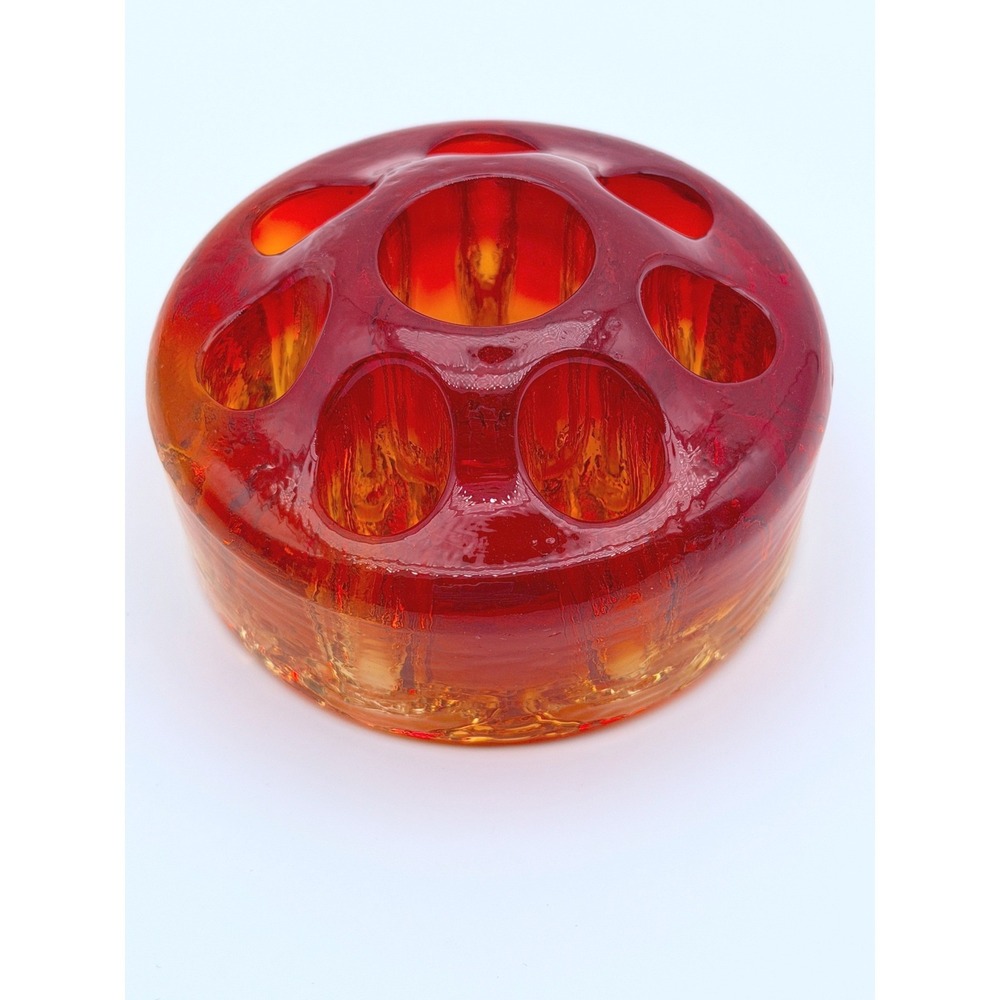 Vintage Fenton Amberina Glass Flower Frog 8 Hole Cadmium Glow UV Blacklight